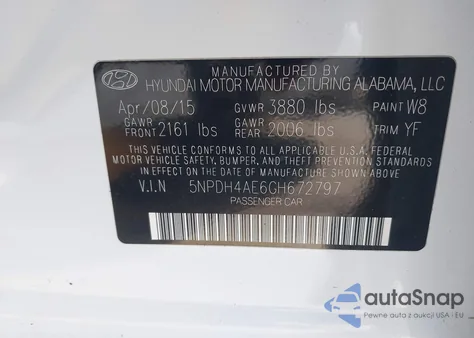 2016 Hyundai Elantra Value Edition z USA, uszkodzony, nr VIN 5NPDH4AE6GH672797